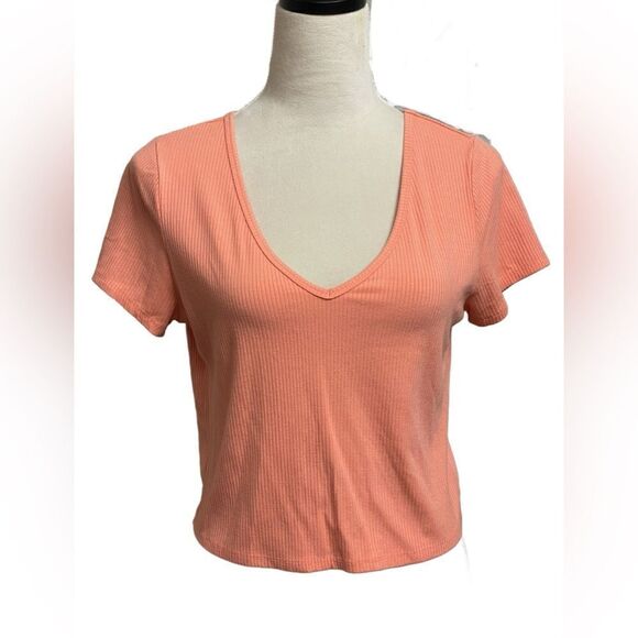 MWild Fable Peach Colored Ribbed V-Neck Short Sleeve Crop Top (Size: XL Juniors) - Picture 2 of 8